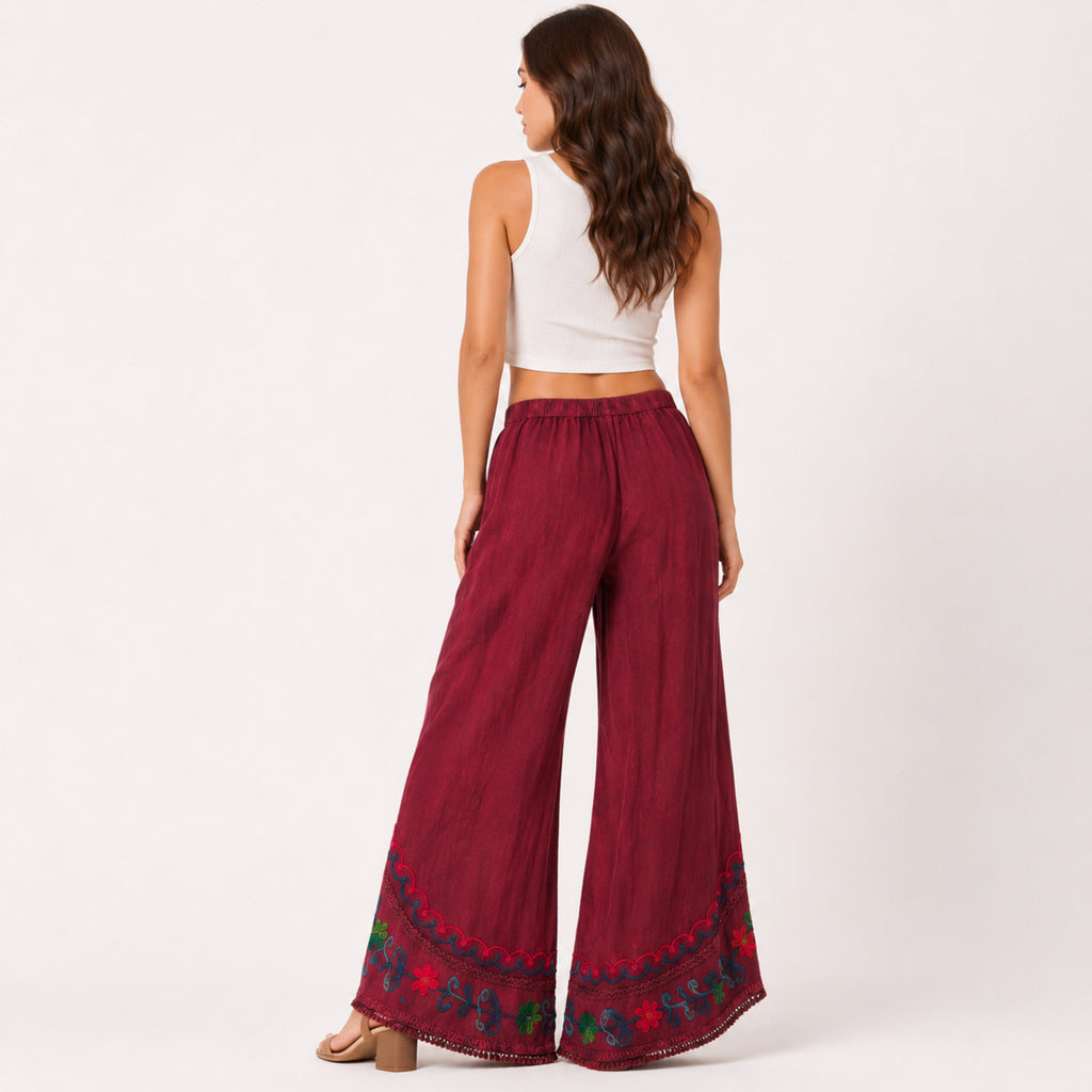 Women's Bohemian Maroon Embroidered Wrap Overlapping Palazzo Trousers-4