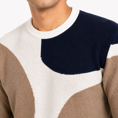 Men's Brown Abstract Colorblock Crew Neck Knit Sweater-2