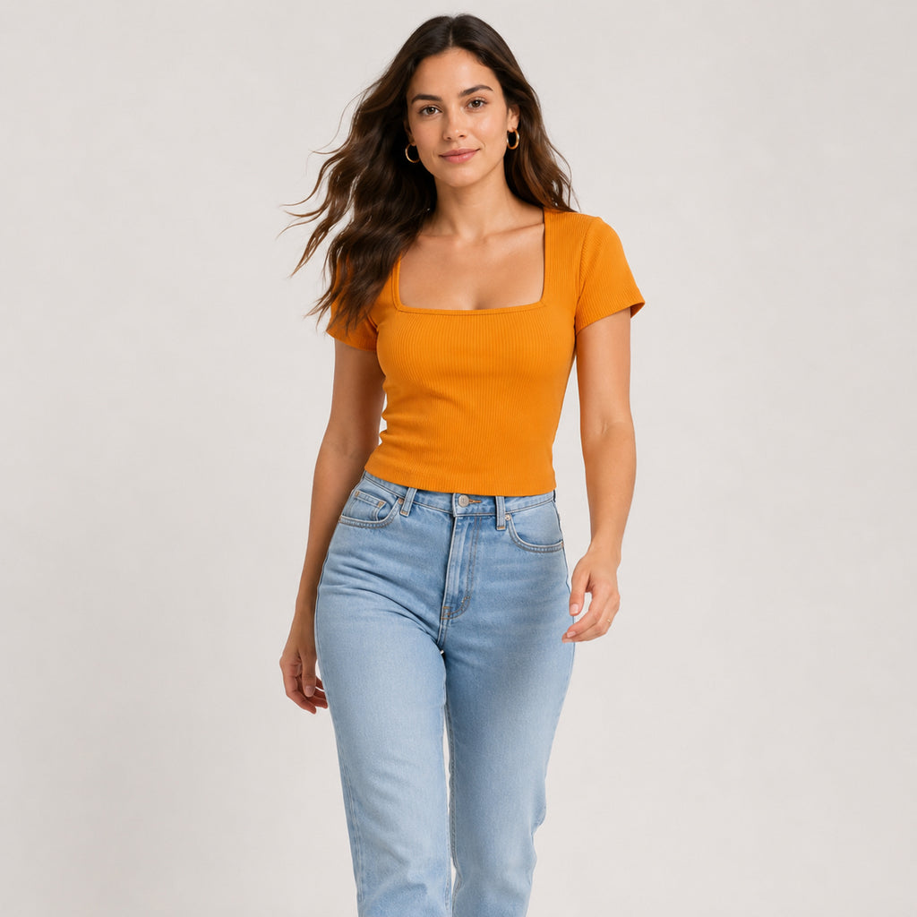 Women's Sunlit Ember Orange Ribbed Square Neck Crop Top-2