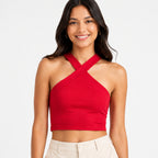Women's Red Criss-Cross Halter Neck Fitted Crop Top | Solid Party Wear Top-3