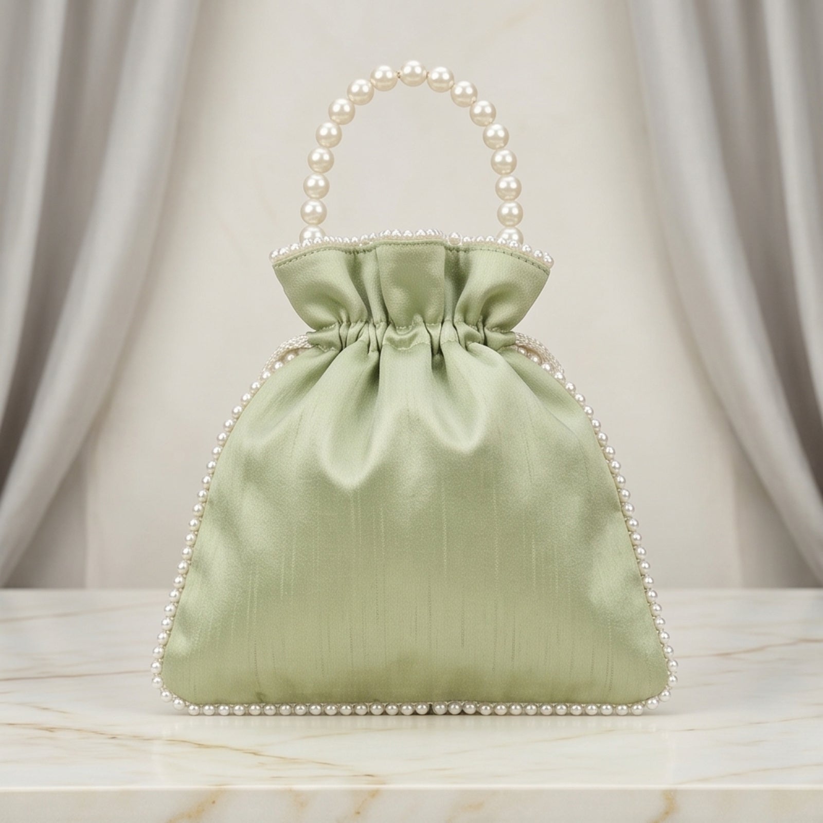 Women's Luxury Mint Pista Green Embroidered Potli Bag with Pearl Handle and Beaded Floral Clusters-2