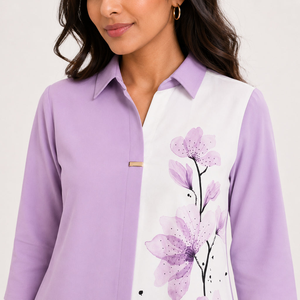 Women's Avant-Garde Lavender Lilac Watercolor Floral Print Asymmetric Tunic Shirt-2