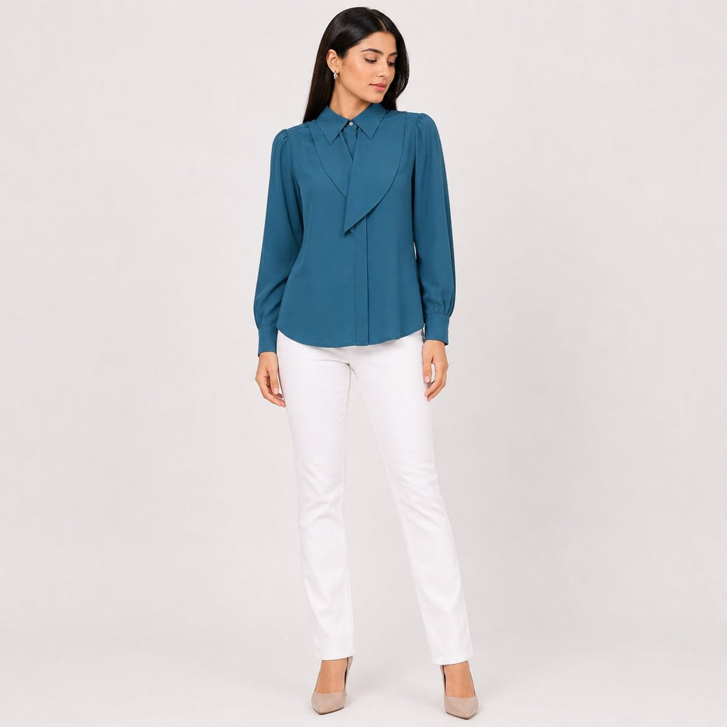 Women's Olive Green Ruffle Front Full Sleeve Shirt-1