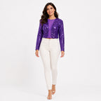 Women's Purple Sequin Mesh Panel Cropped Top | Full Sleeve Party Wear Blouse-2