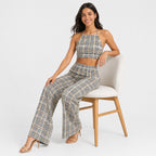Women's Yellowish Checked Halter Neck Crop Top and Wide-Leg Pant Co-Ord Set | Printed Two-Piece Outfit-2