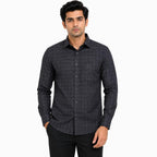 Men's Grey Textured Check Full Sleeve Shirt with Chest Pocket-1