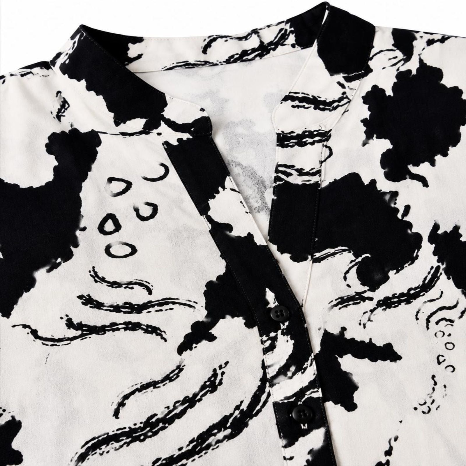 Women's Avant-Garde Alabaster Cream Abstract Graphic Print Asymmetric Tunic Shirt-1
