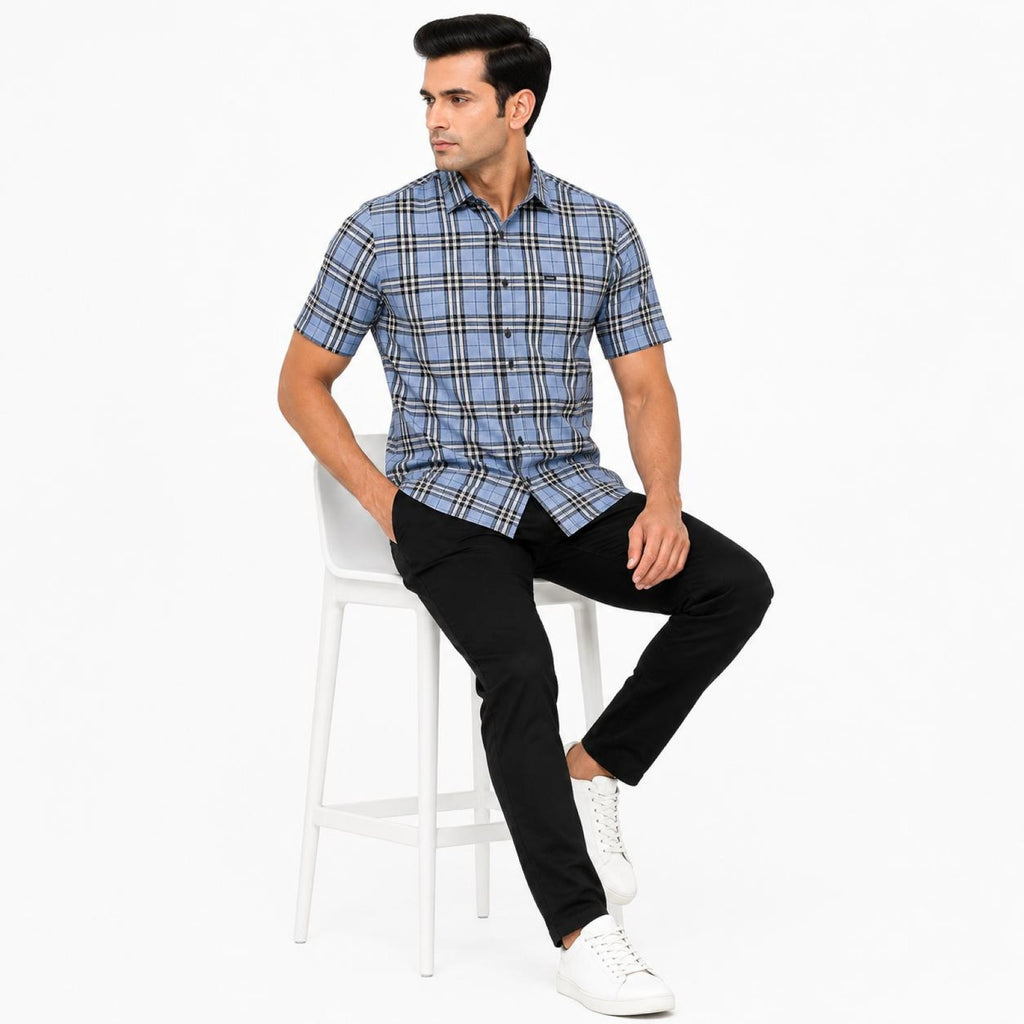 Men's Sky Blue Tartan Check Half Sleeve Shirt | Casual Summer Button-Front Shirt-2