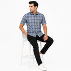 Men's Sky Blue Tartan Check Half Sleeve Shirt | Casual Summer Button-Front Shirt-2