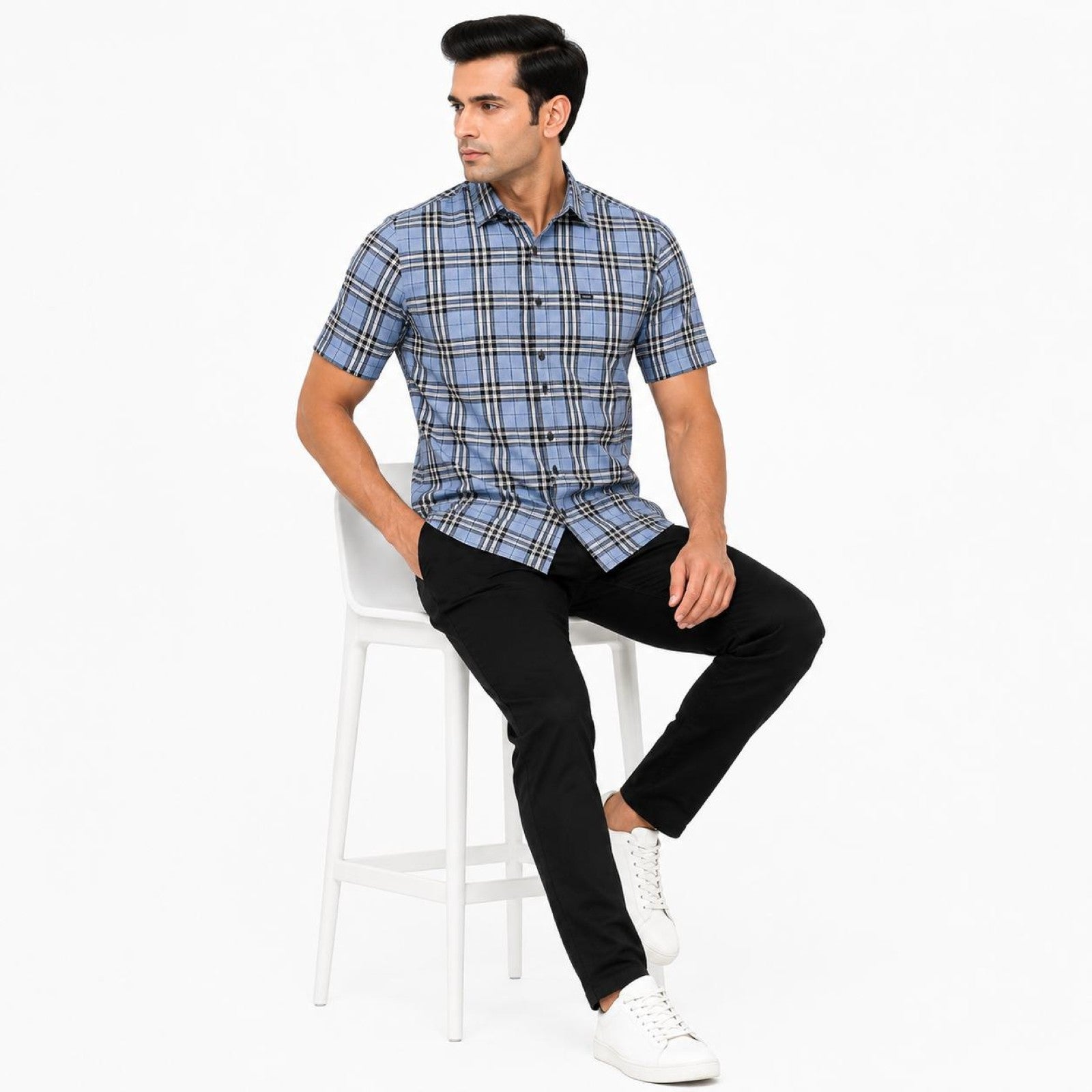 Men's Sky Blue Tartan Check Half Sleeve Shirt | Casual Summer Button-Front Shirt-2