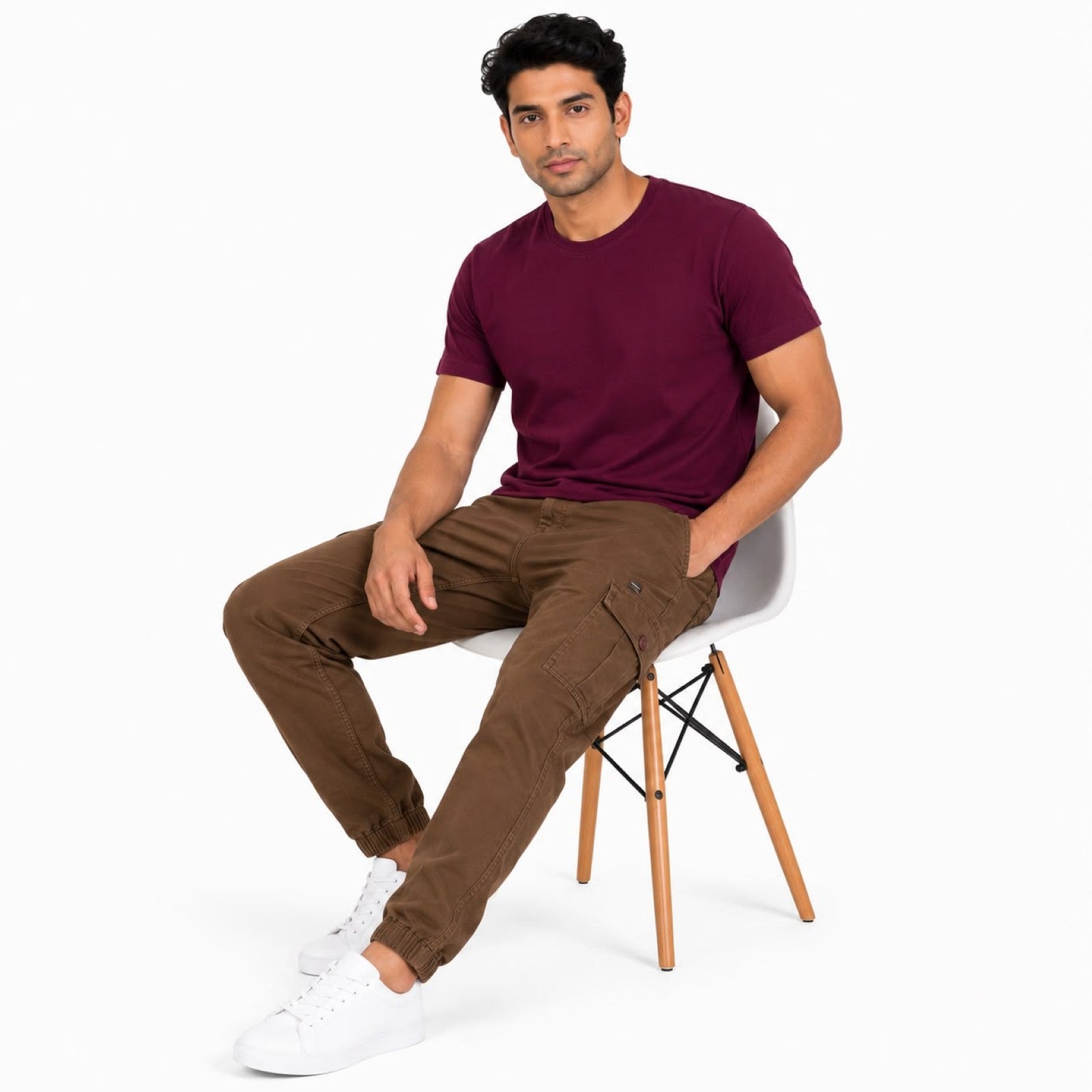 Men's Brown Utility Cargo Jogger Pants with Elastic Cuffs-3