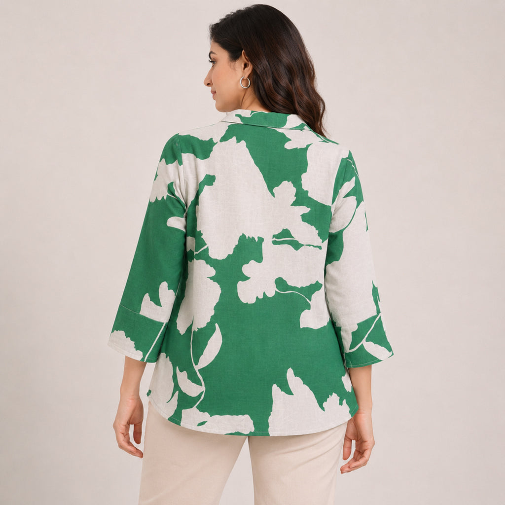 Women's Vibrant Green Bold Floral Print Button-Down Top-4