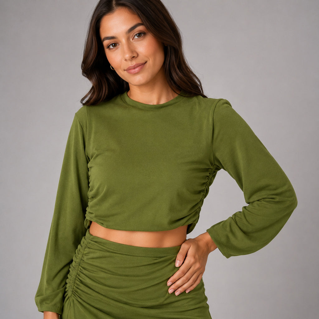 Women's Olive Green Ruched Crop Top and Midi Skirt Co-Ord Set-3