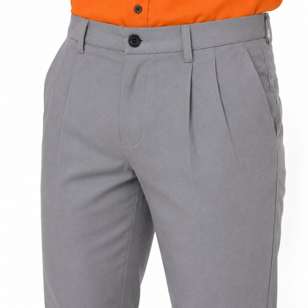 Men's Light Grey Pleated Slim Fit Trousers | Smart Casual Tailored Pants-2