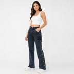 Women's Dark Wash Cargo Straight Fit Jeans-2