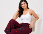 Women's Wine Embroidered Elastic Waist Wide Leg Palazzo Pants-1