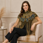 Women's Golden Embroidered Fringe Poncho-3