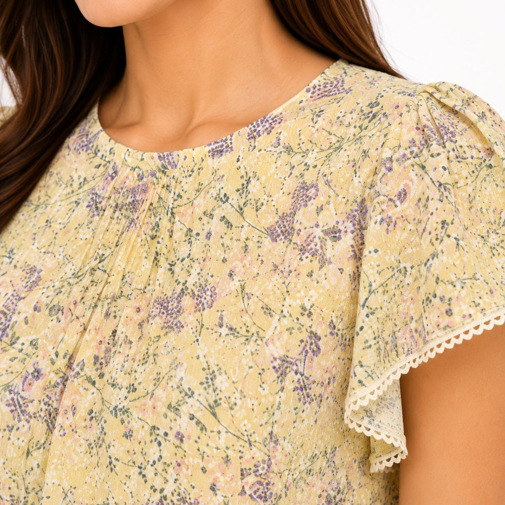 Women's Yellow Floral Print Flutter Sleeve Top-4