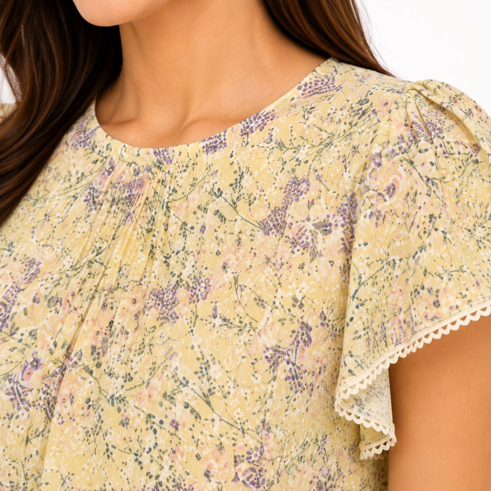 Women's Yellow Floral Print Flutter Sleeve Top-4