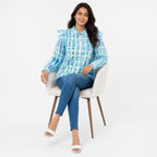 Women's Blue Tie-Dye Ruffle Shoulder Top with Tie Neck Detail-2