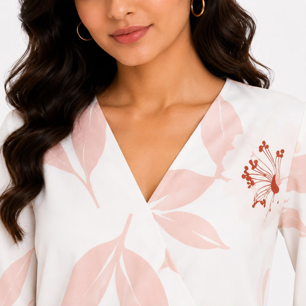 Women's White Leaf Print V-Neck Long Sleeve Top-3