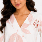 Women's White Leaf Print V-Neck Long Sleeve Top-3