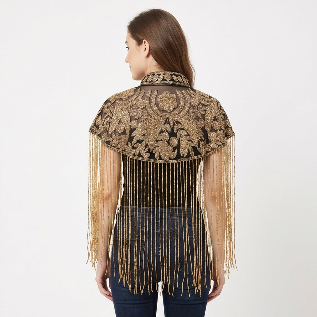Women's Elegant Hand-Embroidered Mandarin Collar Cape with Metallic Fringe Tassel-4