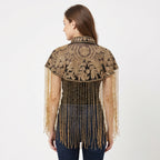Women's Elegant Hand-Embroidered Mandarin Collar Cape with Metallic Fringe Tassel-4