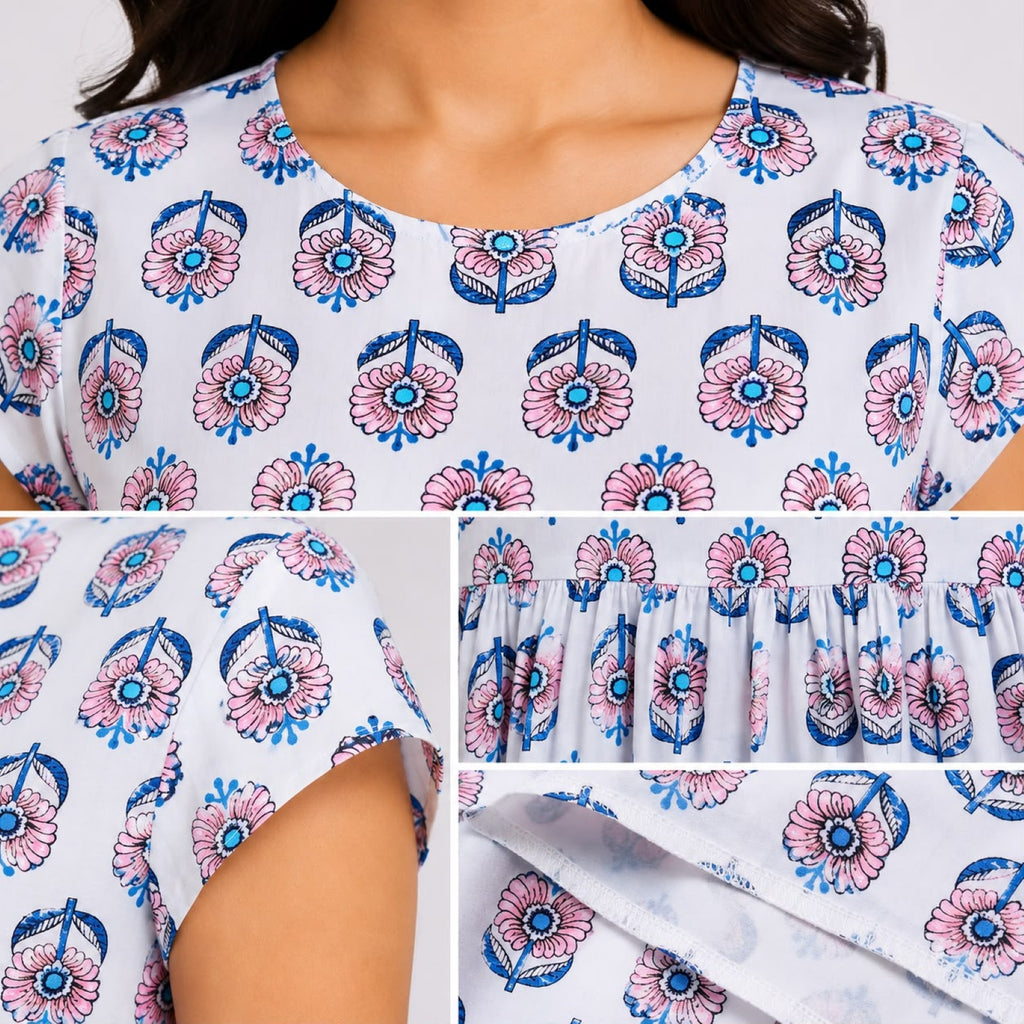 Women's Blue Floral Print Flutter Sleeve Peplum Top-4