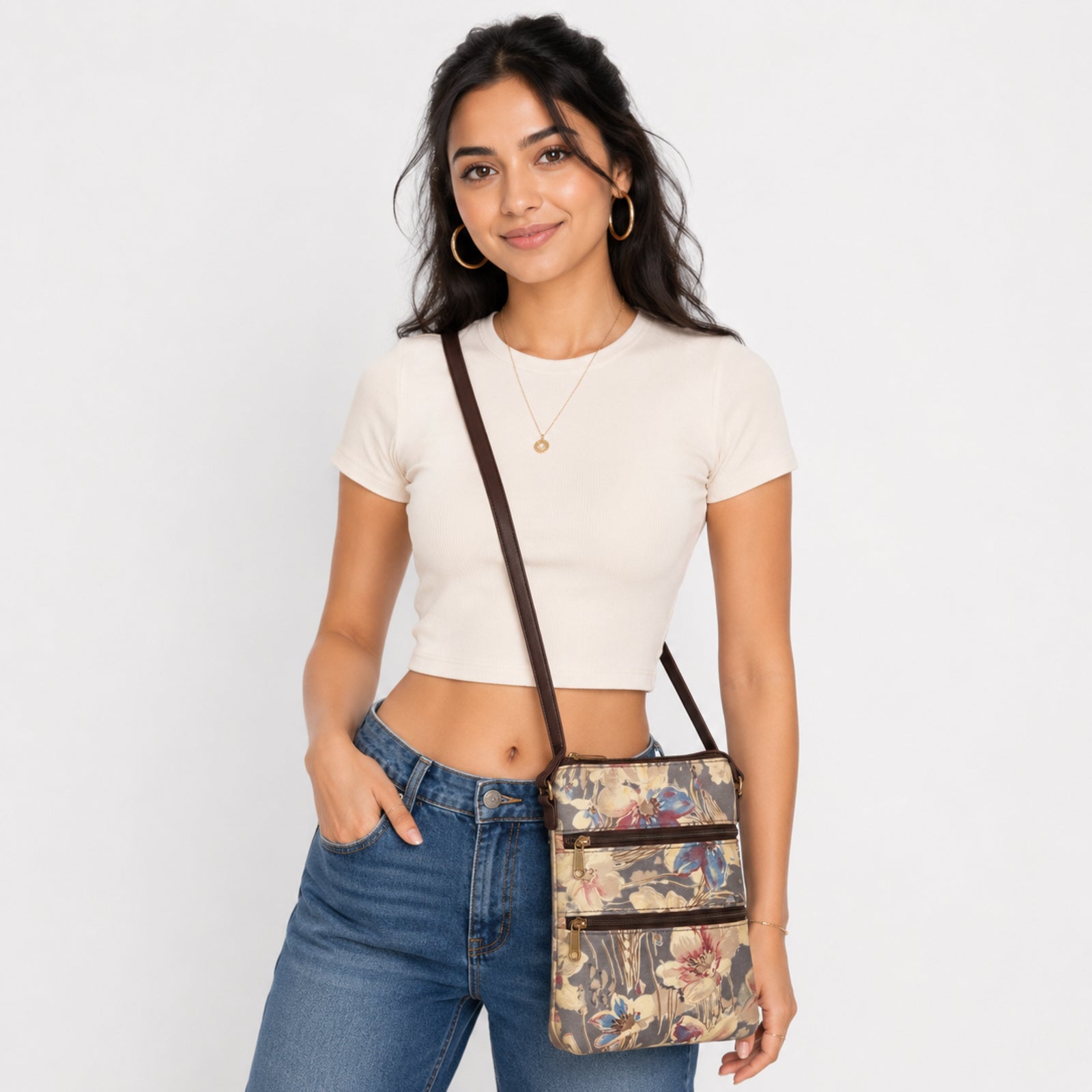Women's Cream Floral Print Crossbody Sling Bag with Multi-Zip Compartments-3