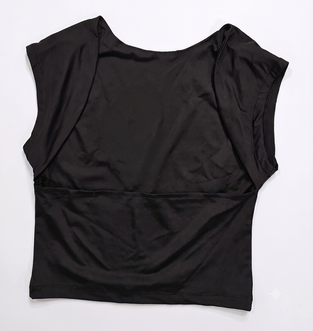 Women's Black Boat Neck Cap Sleeve Cropped Fitted Top-4