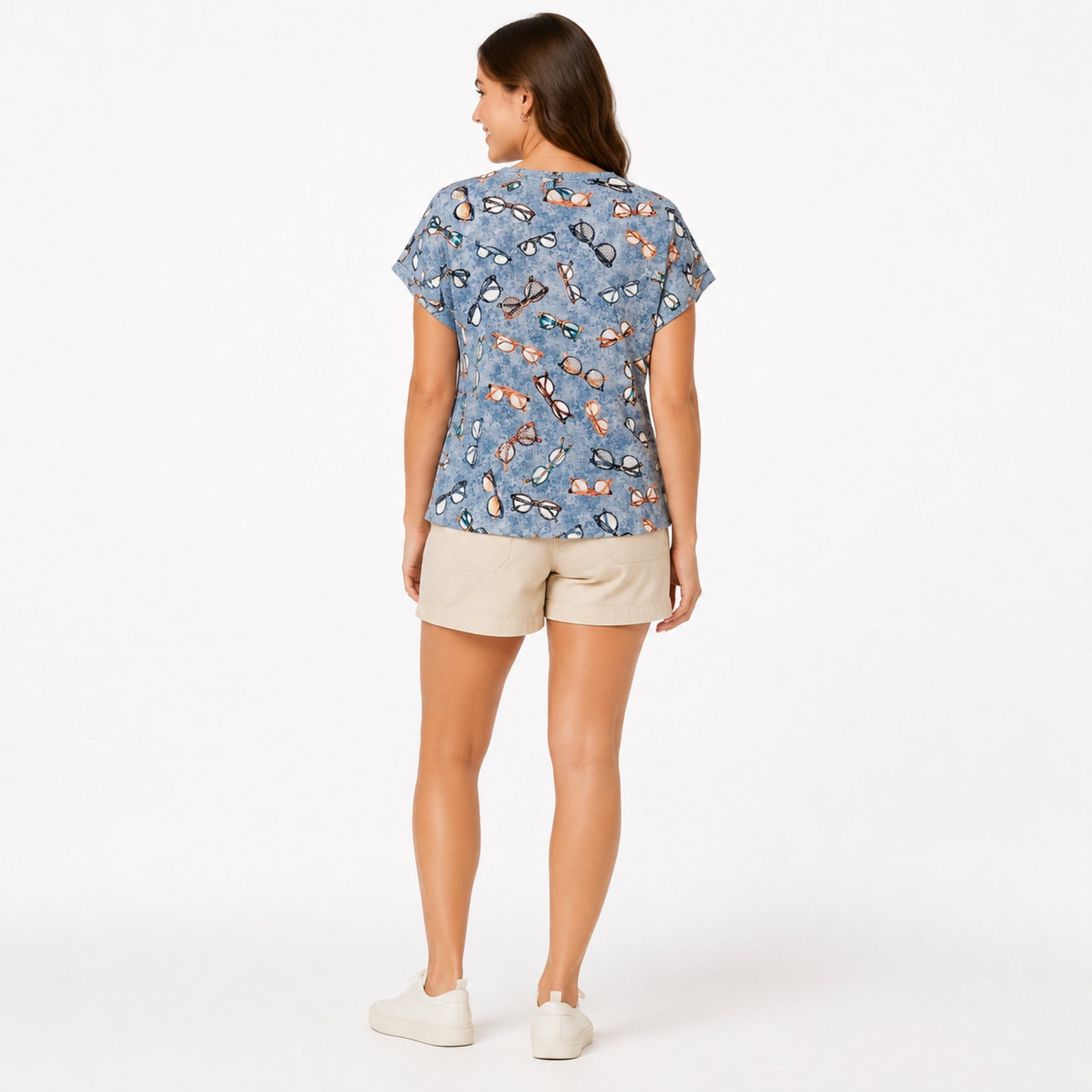 Women's Sky Blue Eyeglasses Print Cap Sleeve Relaxed Fit Top | Casual Graphic T-Shirt-4