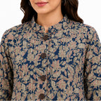 Women’s Navy Blue Printed Jacket – Full Sleeve Button-Front Floral Pattern Jacket-2