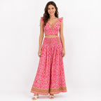 Women's Bohemian Chic Light Pink Floral Crop Top and Wide-Leg Palazzo Set-1
