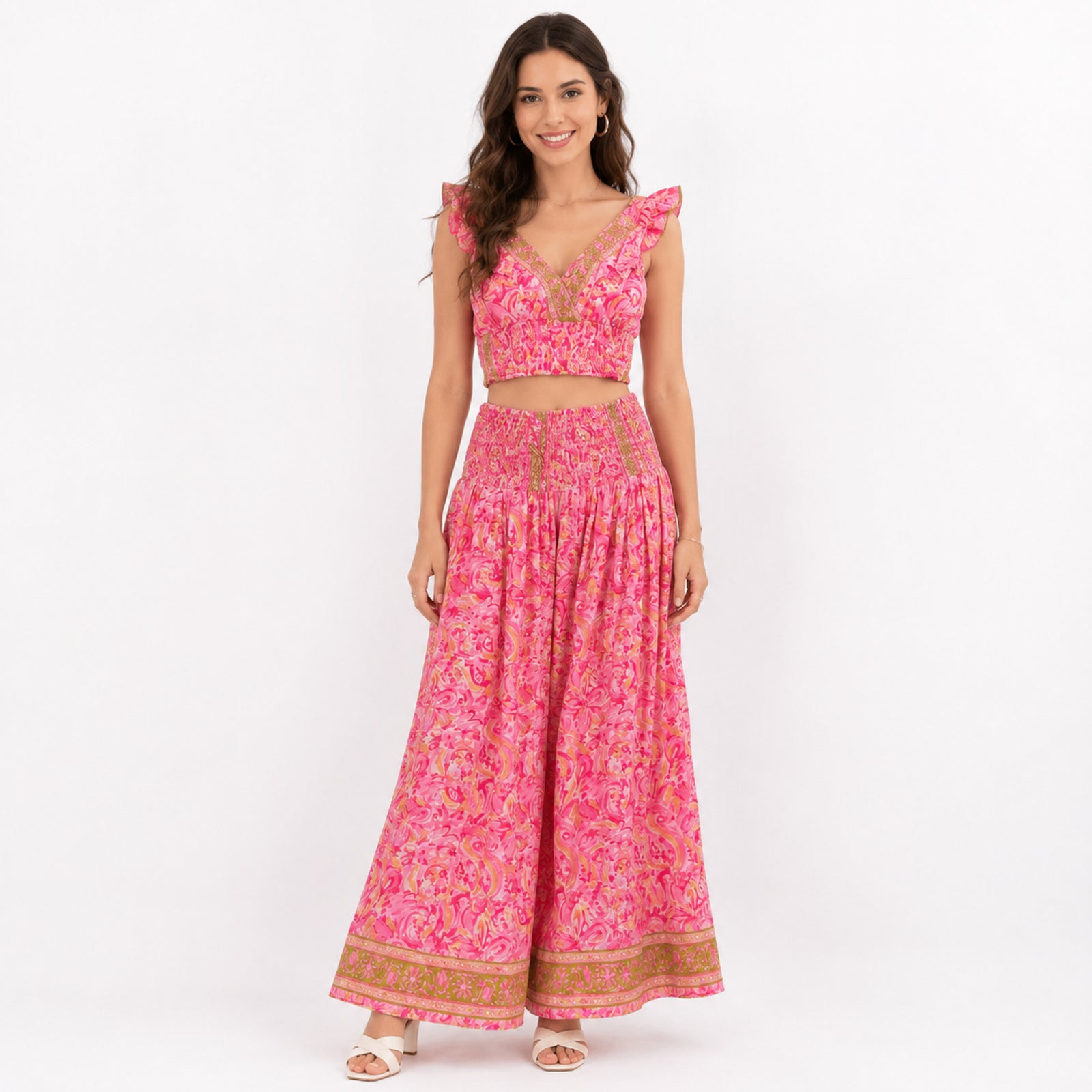 Women's Bohemian Chic Light Pink Floral Crop Top and Wide-Leg Palazzo Set-1