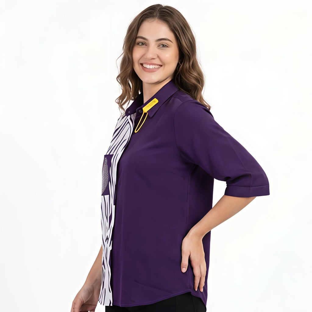 Women's Purple Printed Casual Shirt Top-2