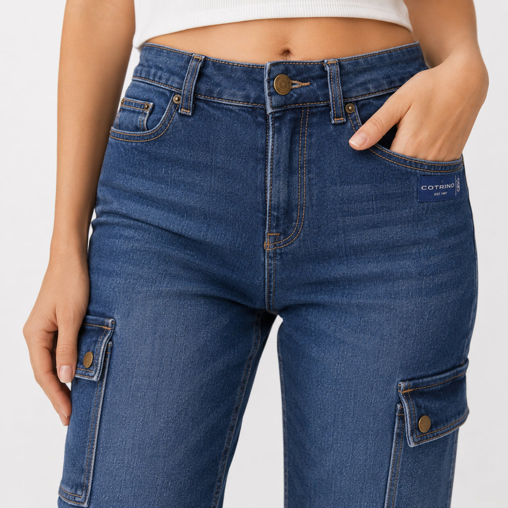 Women's Sleek High-Waist Wide-Leg Mid-Blue Denim Cargo Jeans-2