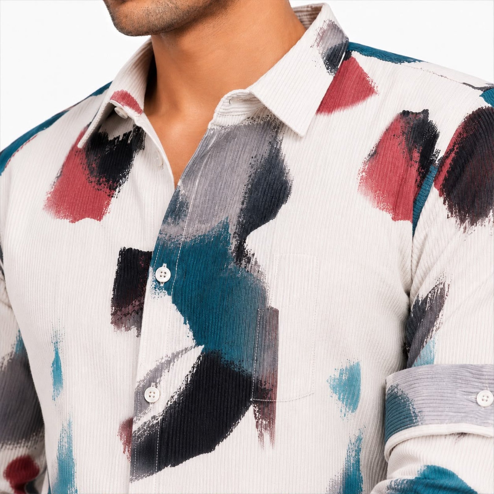 Men's White Abstract Brush Print Full Sleeve Casual Shirt-2