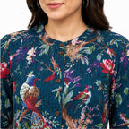 Women’s Navy Blue Floral Printed Jacket – Full Sleeve Button-Front Jacket with Round Neck-2