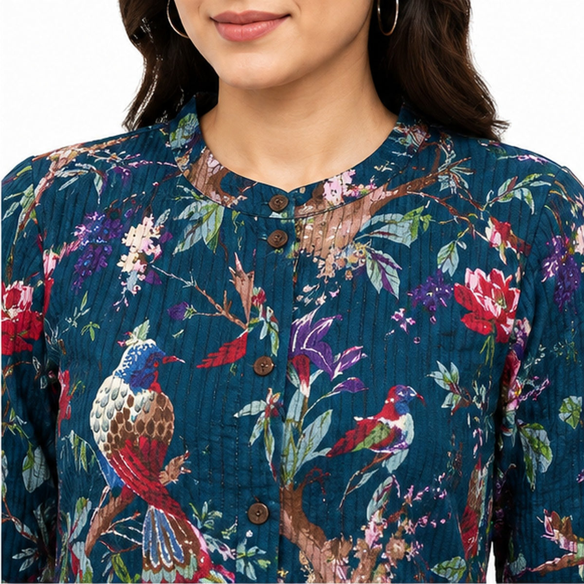 Women’s Navy Blue Floral Printed Jacket – Full Sleeve Button-Front Jacket with Round Neck-2
