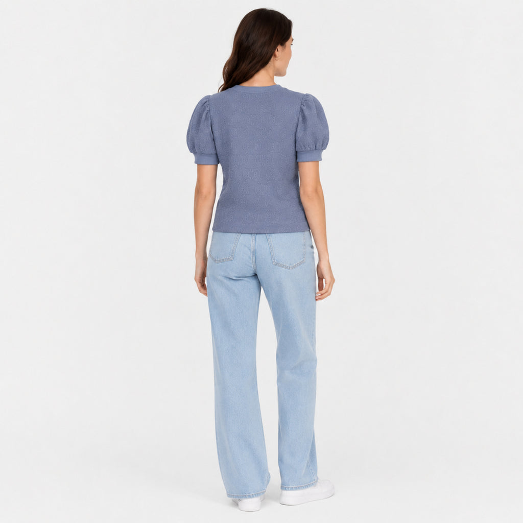 Women's Blue Textured Puff Sleeve Top | Elegant Casual Knit T-Shirt-4