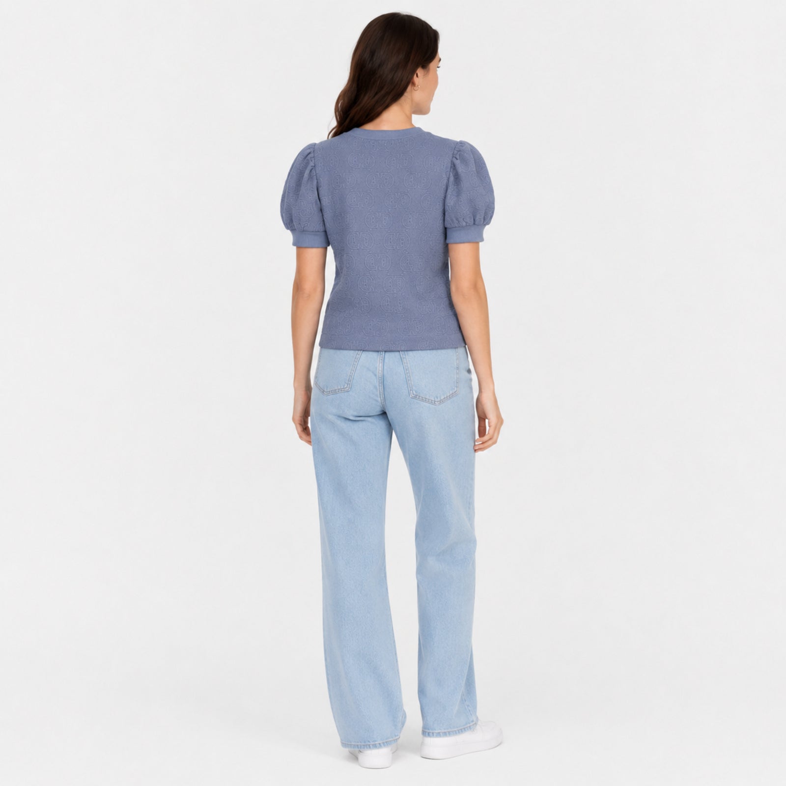 Women's Blue Textured Puff Sleeve Top | Elegant Casual Knit T-Shirt-4