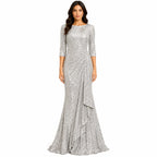 Women's Silver Embellished Mermaid Evening Gown with Draped Detail-1