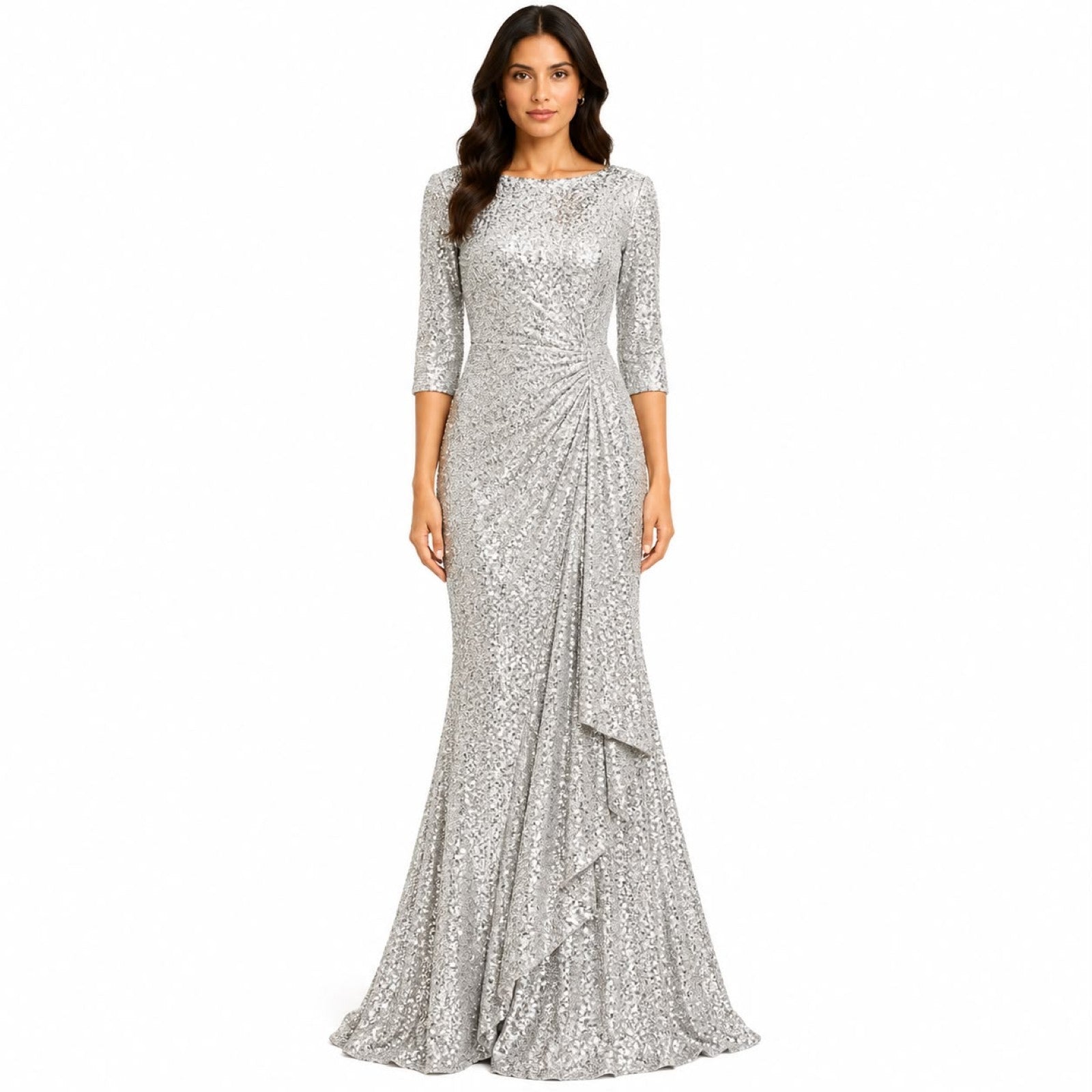 Women's Silver Embellished Mermaid Evening Gown with Draped Detail-1