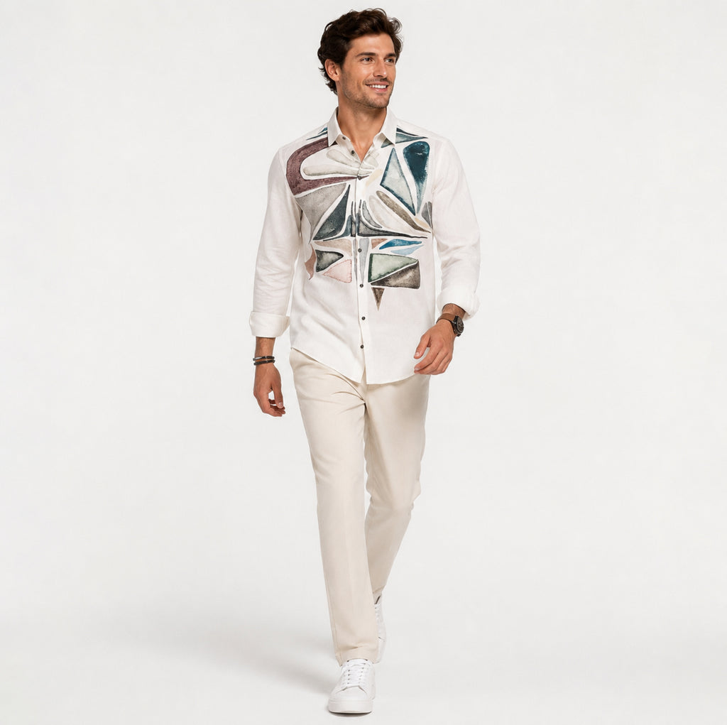 Men's White Abstract Printed Casual Shirt-2