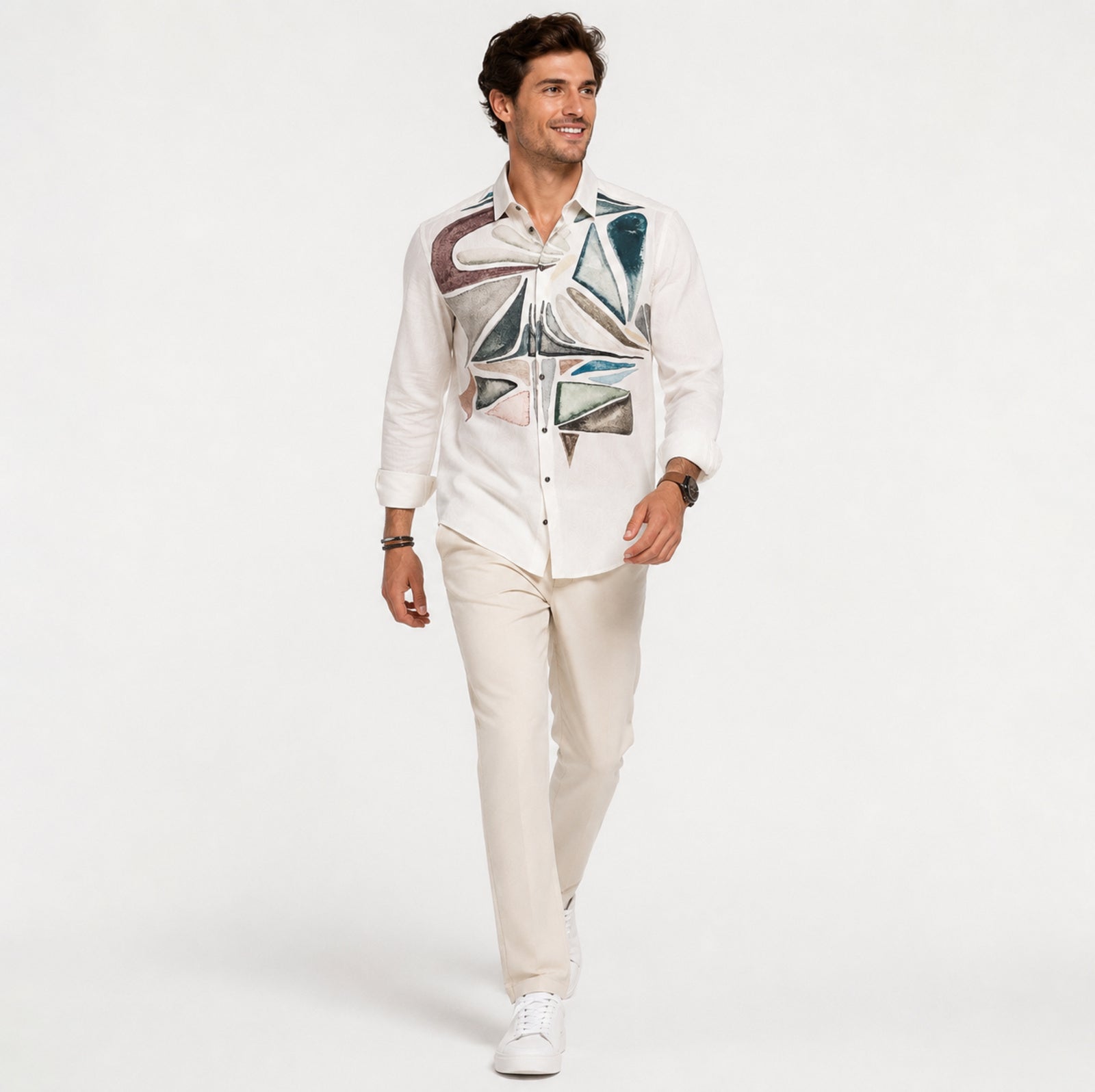 Men's White Abstract Printed Casual Shirt-2