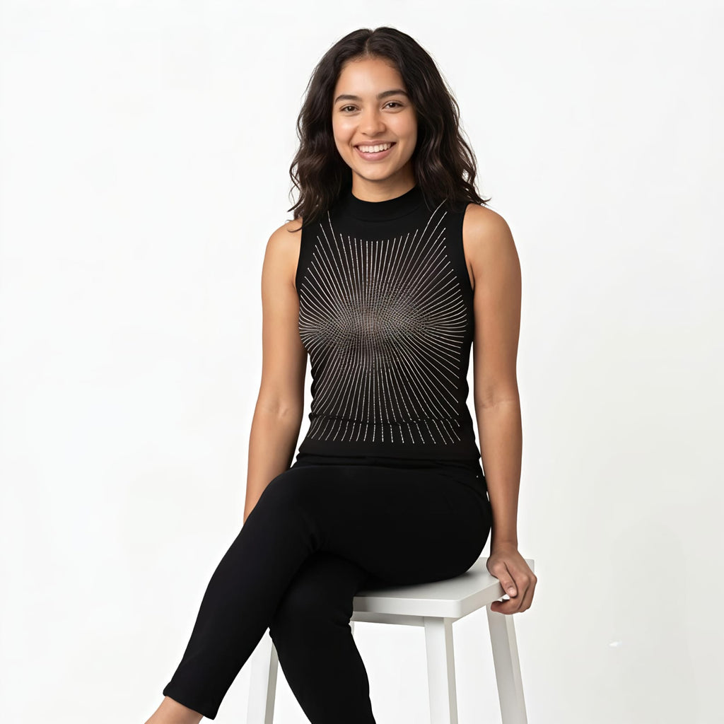 Women's Black Embellished High Neck Sleeveless Top-4