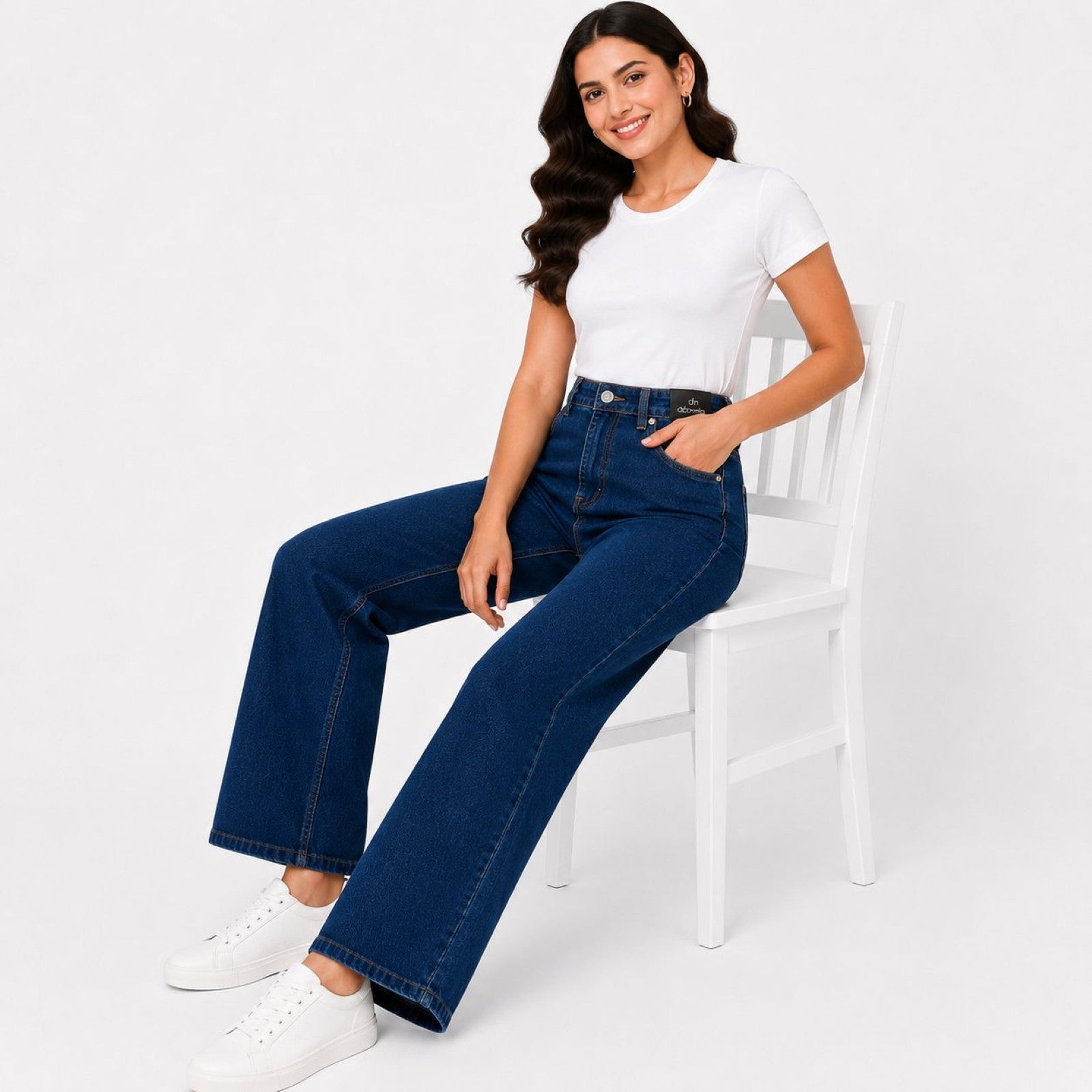 Women's Dark Blue High-Rise Wide Leg Jeans | Solid Stretch Denim Full Length Casual Pants-3