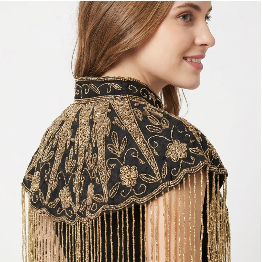 Women's Elegant Hand-Embroidered Black Collar Cape Overlay with Metallic Fringe Tassel Dress-3