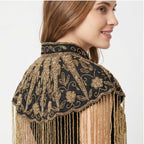 Women's Elegant Hand-Embroidered Black Collar Cape Overlay with Metallic Fringe Tassel Dress-3